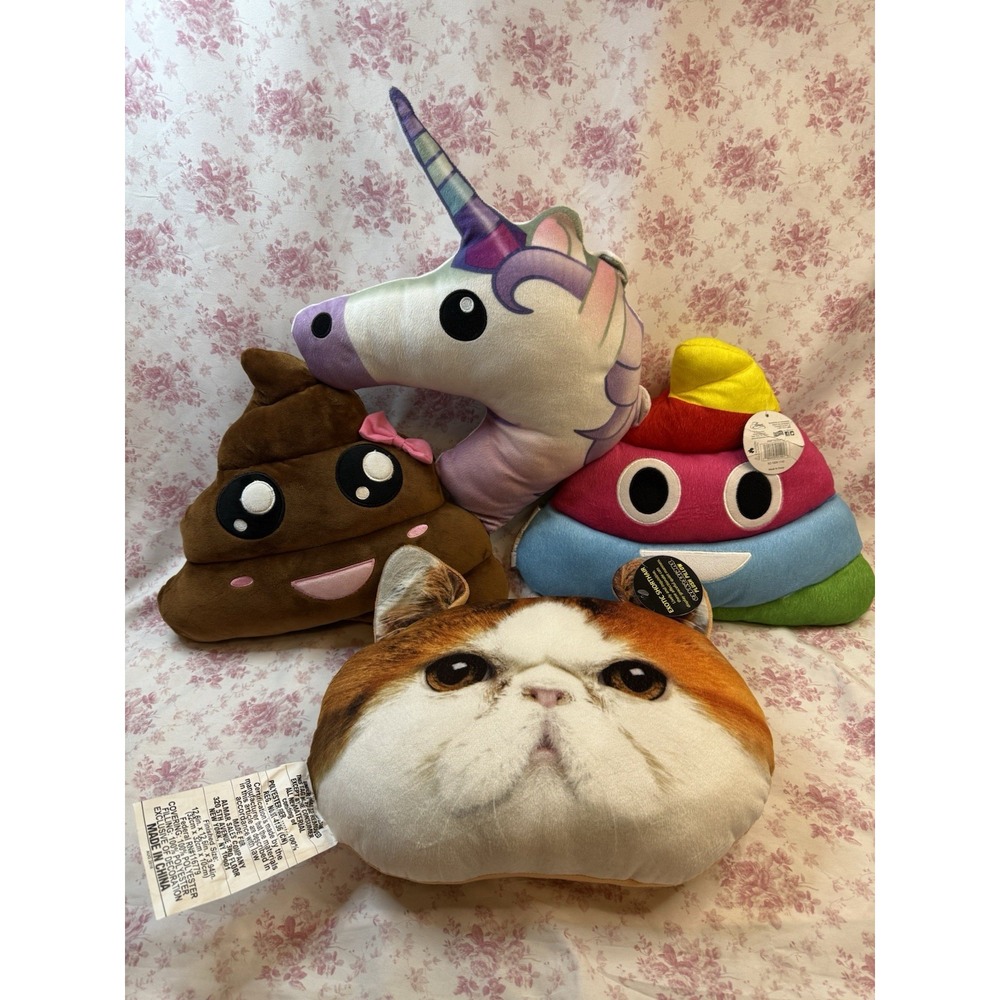 Emoji Pillow Lot of 4 Poop Unicorn Rainbow & Cat Plush Throw Pillows